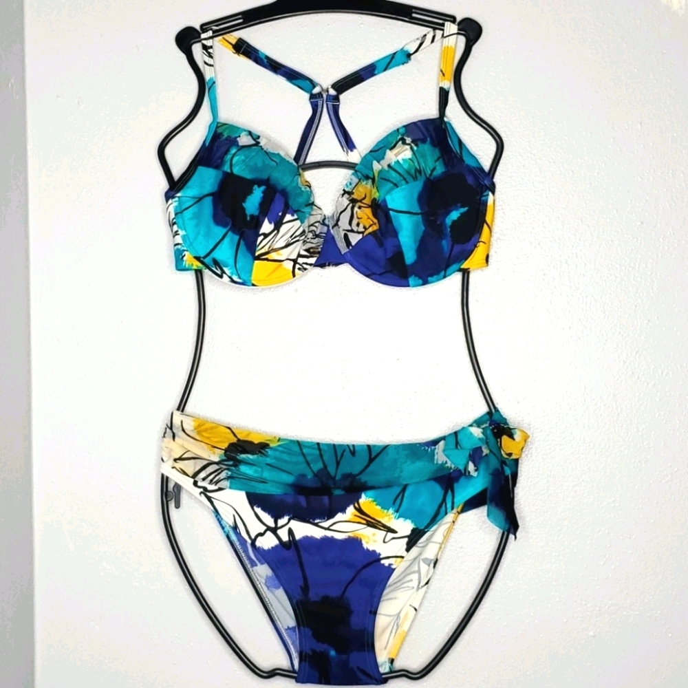 Be Creative bikini 2 piece set‎ D cup top floral blue teal yellow swimsuit
